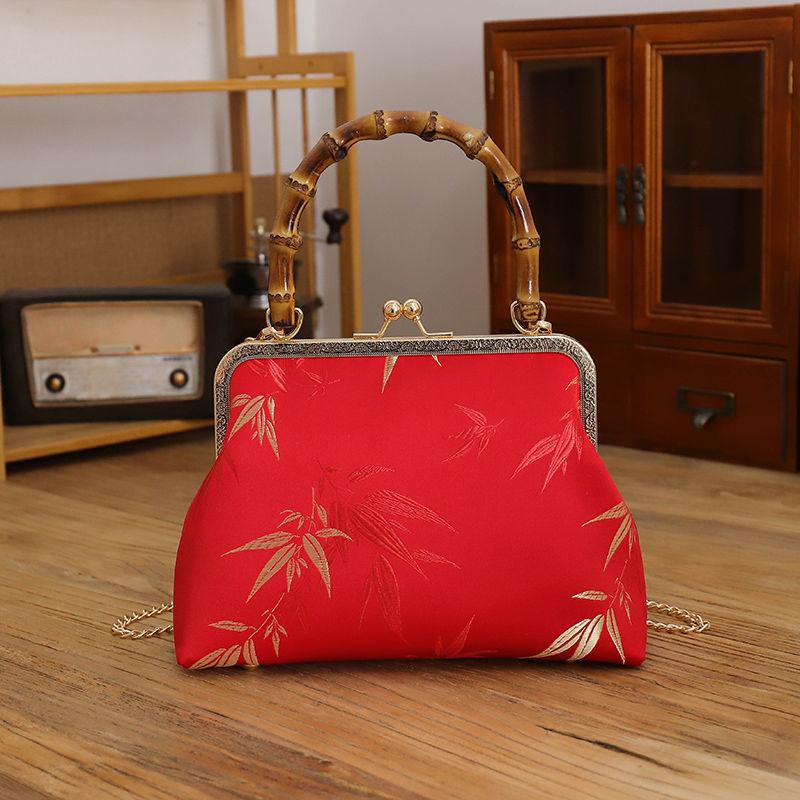 Ethnic Style Women Silk Bamboo Leaves Printing Handbag Messenger Dual Purpose Exquisite Elegant Doctor Bag