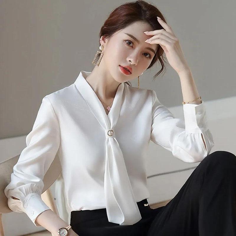 Women's Spring Autumn Long Sleeve Shirt Chiffon V-Neck Solid Color Top