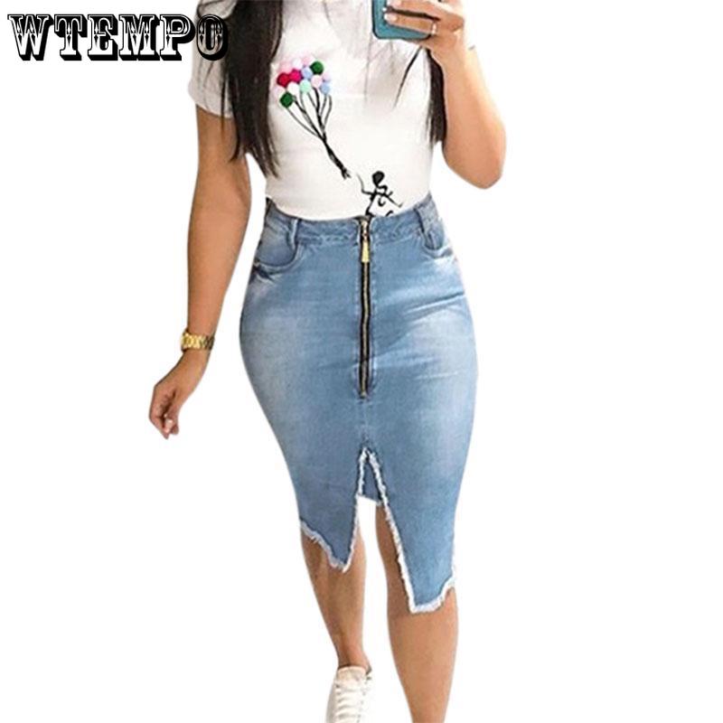 Denim Skirt Autumn Solid Color Zipper Mid Waist Cowboy Skirt Package Hip Knee Length A-line Slim Skirts
