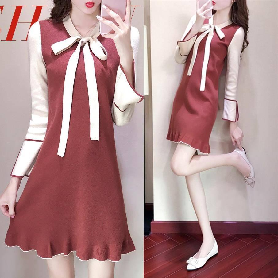 Knit dress female long sleeves autumn new bow tie color trumpet sleeves slim bottoming sweater skirt