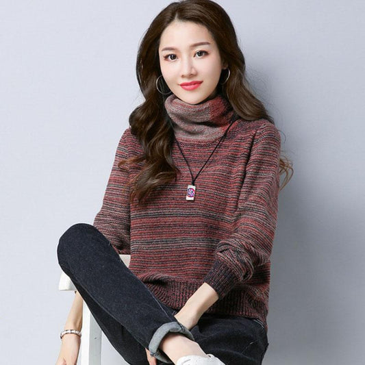 Autumn and Winter Plus Velvet Thick Sweater Knitted Loose Large Size Base Shirt High Neck Warm Female Sweater