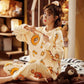 Women's Pajamas for Fall Winter Coral Fleece Sleepwear Set Flannel Warm Thick Home Wear Suit Cartoon Cute Loose Nightwear Long Sleeve Round Collar
