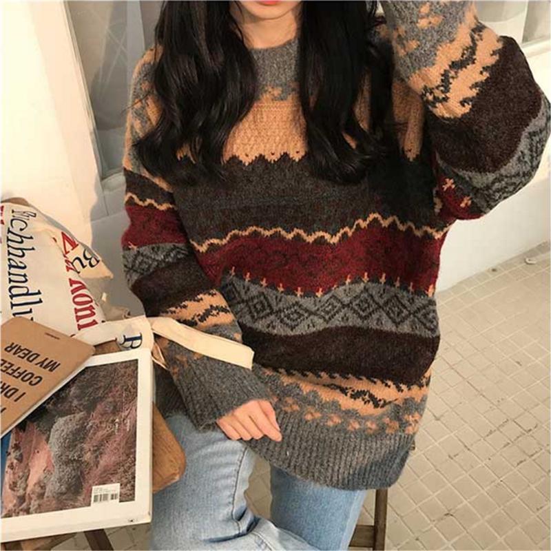 Hong Kong Wind Winter Pullover Sweater Women Loose Loose Lazy Round Neck Long Sleeve Bottoming Shirt