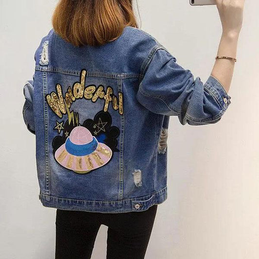 Female Long Sleeve Loose Button Sequins Lapel Casual Denim Jacket Women's Autumn Large Size Ripped Denim Coat