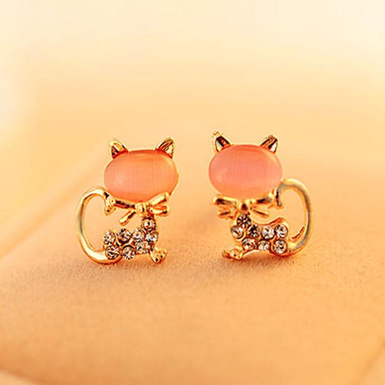 Opal Studs, Sparkling Cat Earrings, Cute Animal Ear Ornaments, Earrings