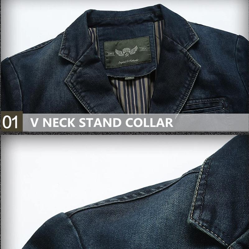 Men's Denim Casual Suit Jacket Spring and Autumn Loose Large Size Outerwear V Neck Denim Casual Jacket Long Sleeves Jackets