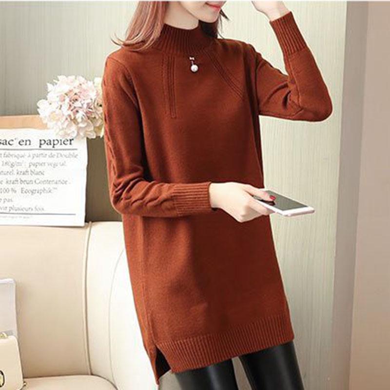 Autumn and Winter Loose Sweater Half High Neck Pullover Mid-length Jacket Thick Large Size Simple Dress