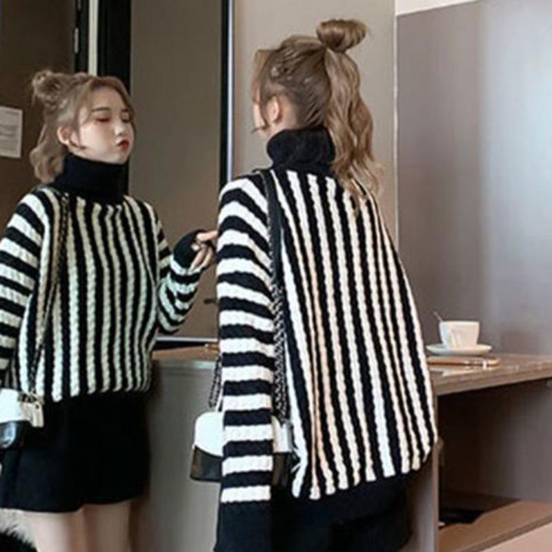 Thick High Neck Vertical Striped Sweater Women's Pullover Fall Winter Loose Casual Fashion Jacket Women
