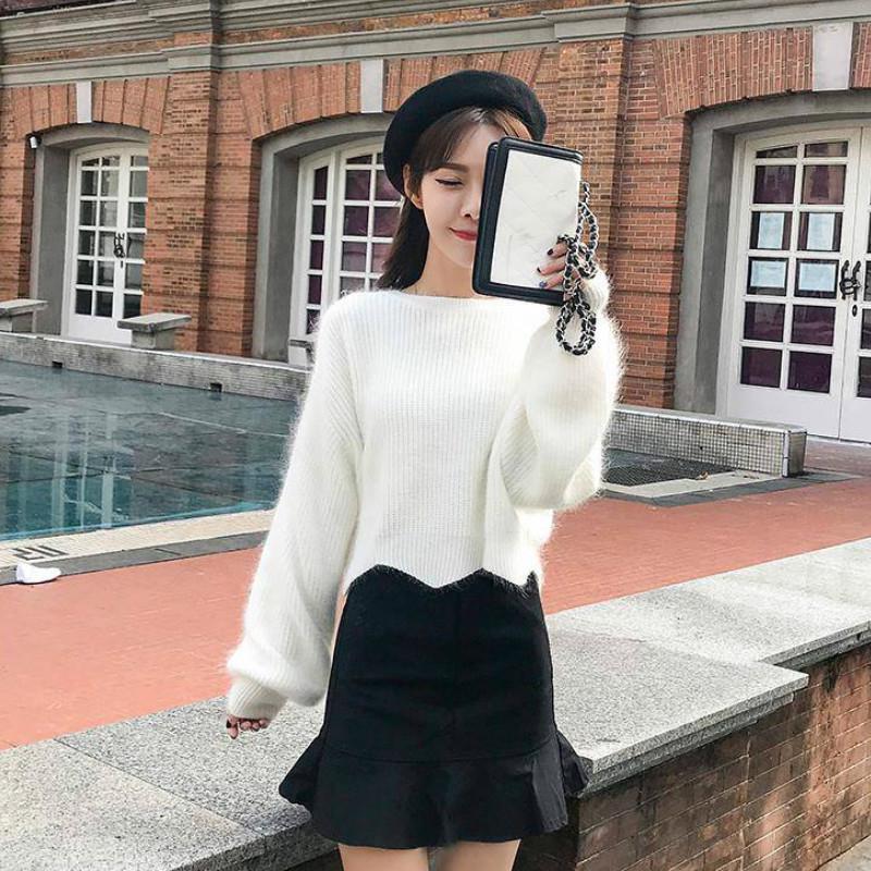 Pofulove 8 Colors Cute Long Latern Sleeve Knitted Shirt O-neck Loose Blouse Simple Color Sweaters