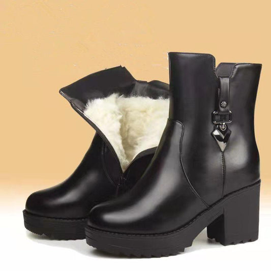 Women's Thick Heel and Cotton Boots Warm Non-slip Mid-tube All-match Women's Cotton Shoes Thick-soled Winter Boots