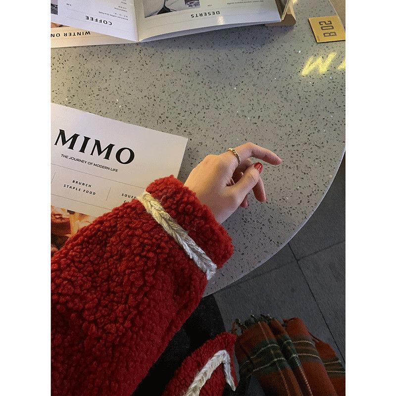 Winter Loose New Year Red Thickened Warmth Imitation Fur One Grain Cashmere Lamb Plush Jacket Women