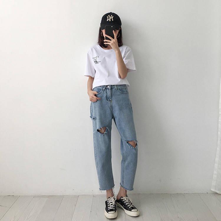 WTEMPO Hole Jeans Loose Social Nine Points Wide Leg Female Student High Waist Was Thin Straight Pants