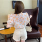 Summer Sweet Puff Sleeve Floral Shirt Women Loose Chiffon Shirt Top
