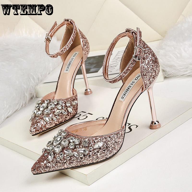 High Heels Ladies Gold Sequins Pointed Crystal Stiletto Bridal Wedding Shoes To Attend The Banquet