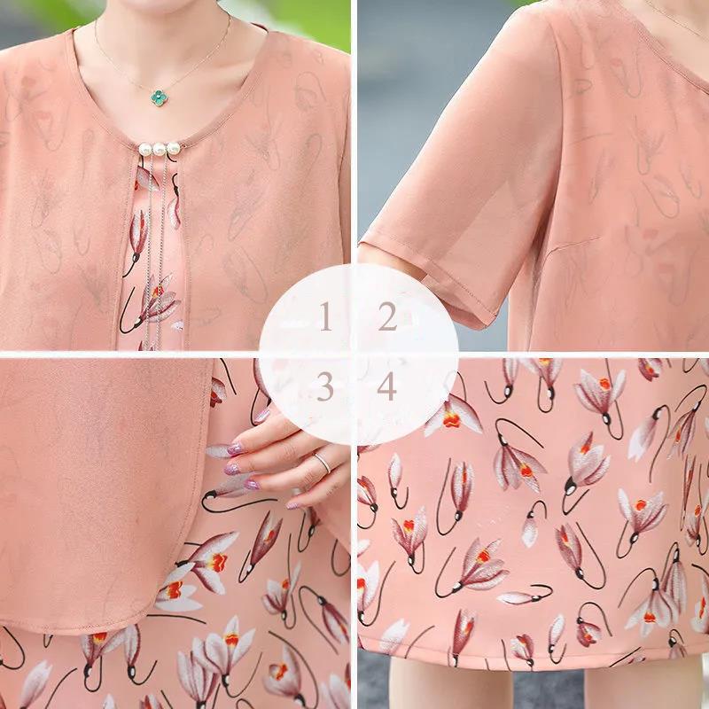 Middle-aged Mother XL-XXXXXL Women's Summer Dress Chiffon Veil Short Sleeve Round Neck Printing