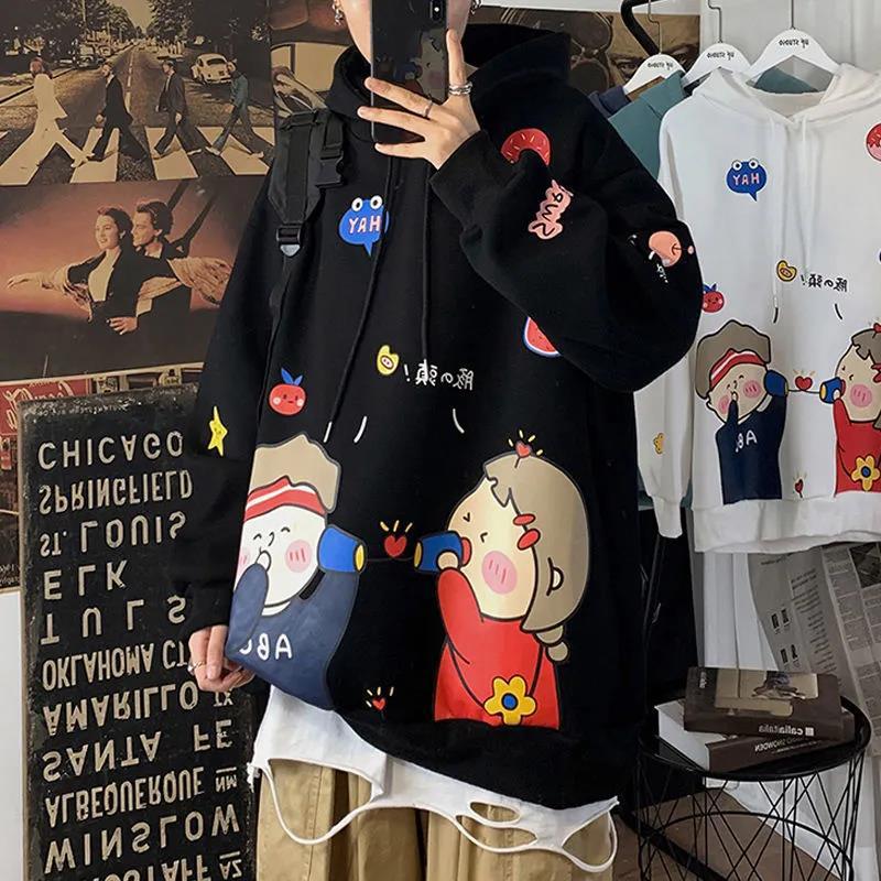 Autumn and Winter Cartoon Loose Hooded Sweater Men's Couple Print Pullover Jacket Student