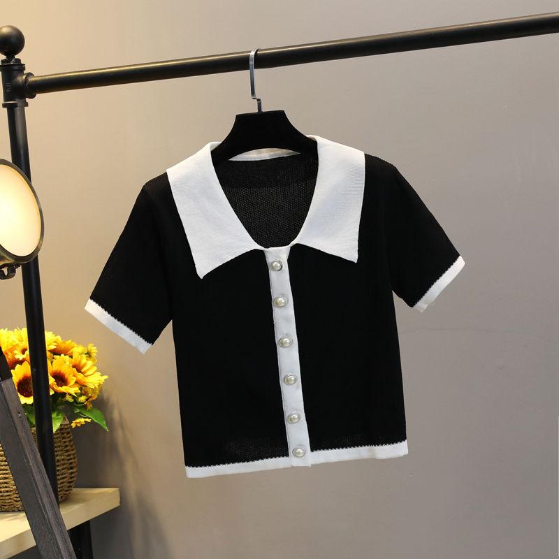 Xiaoxiangfeng Ice Silk Knitted Short-sleeved Women's Loose Top Short V-neck Cropped Top Waist Was Thinner and Feminine Style