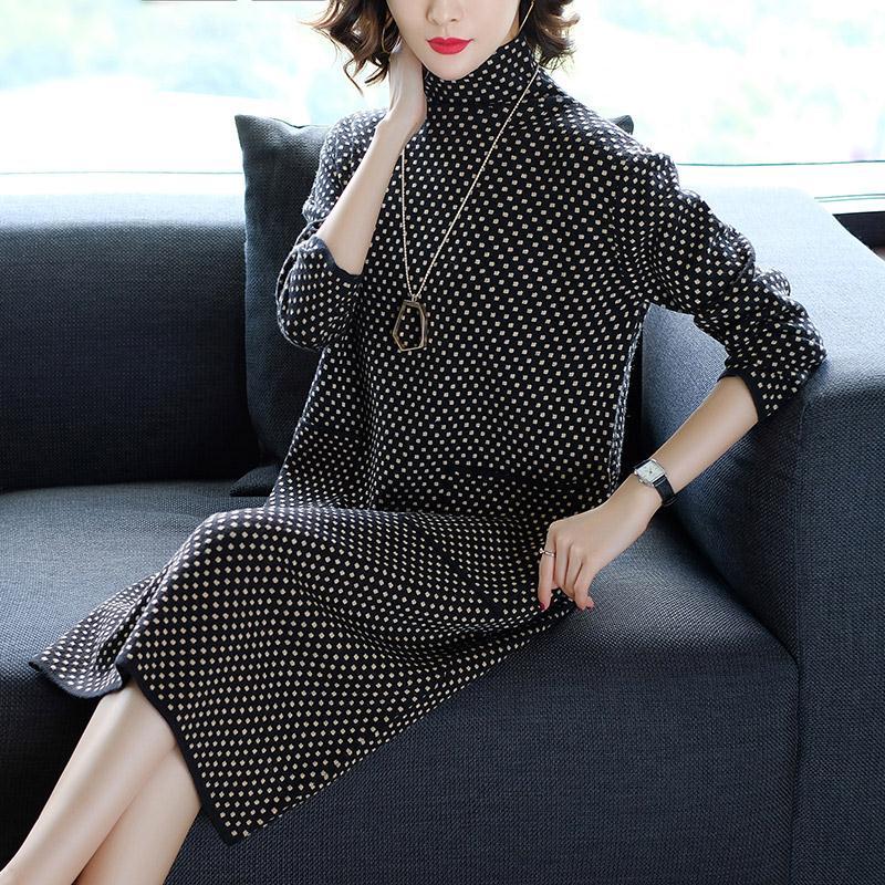 Autumn Winter Loose Knit Dress Female Long Plus Size Sweater Dress Turtleneck  Pullover Sweater Dress with Pockets