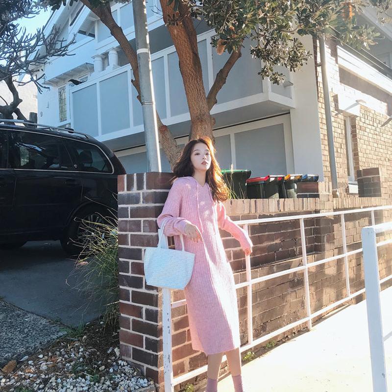 Autumn  Winter Thick Korean Mid-length Sweater Women Over The Knee Knit Sweater Dress Versatile Hooded Base Skirt