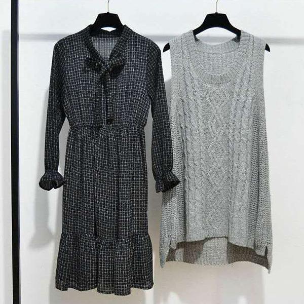 Fashion Plus Size Suit Women's Vest Loose Two-piece Sweater Spring and Autumn Mid-length Knitted Waistcoat