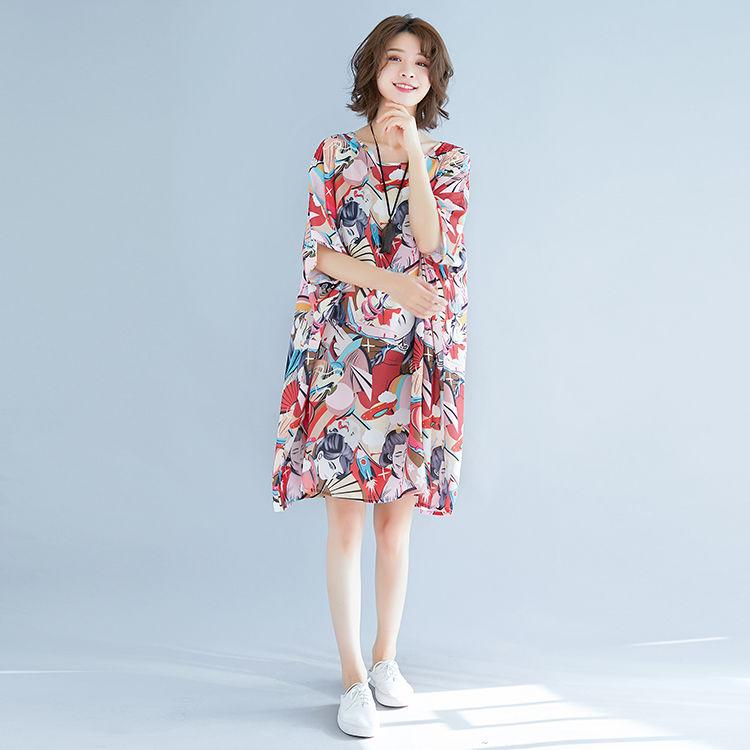 Printing  XL-XXXXXXL Summer Polyester Short-sleeved Knee-length A-line Dress