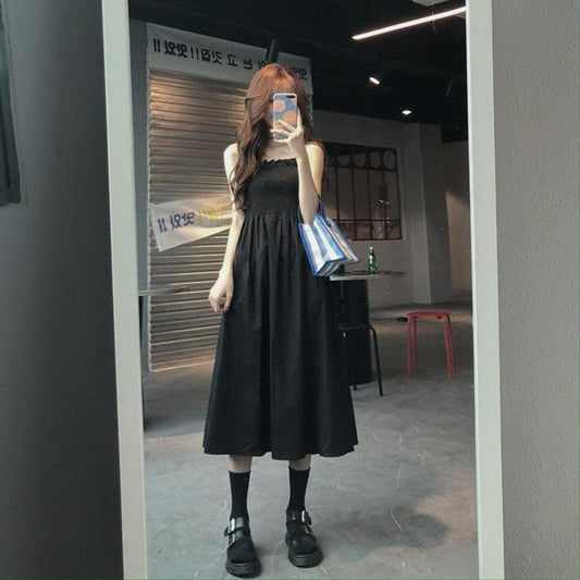 Black Mid-length Dress Female Summer Korean Style Design Temperament Waist Slimming Student Sling Dress