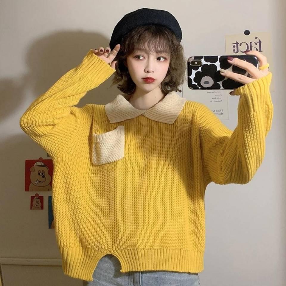 Pofulove Long-sleeved Sweater Winter Tide Shirt Students Contrast Color Polo Stand Collar Loose