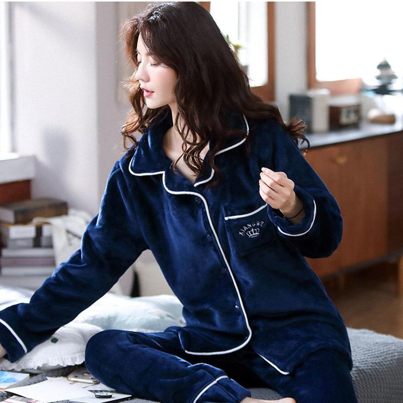Thickened Flannel Pajamas Ladies Thickened Cardigan Coral Fleece Outer Wear Casual Home Clothes Two-piece Suit Skin-friendly and Soft Fabric
