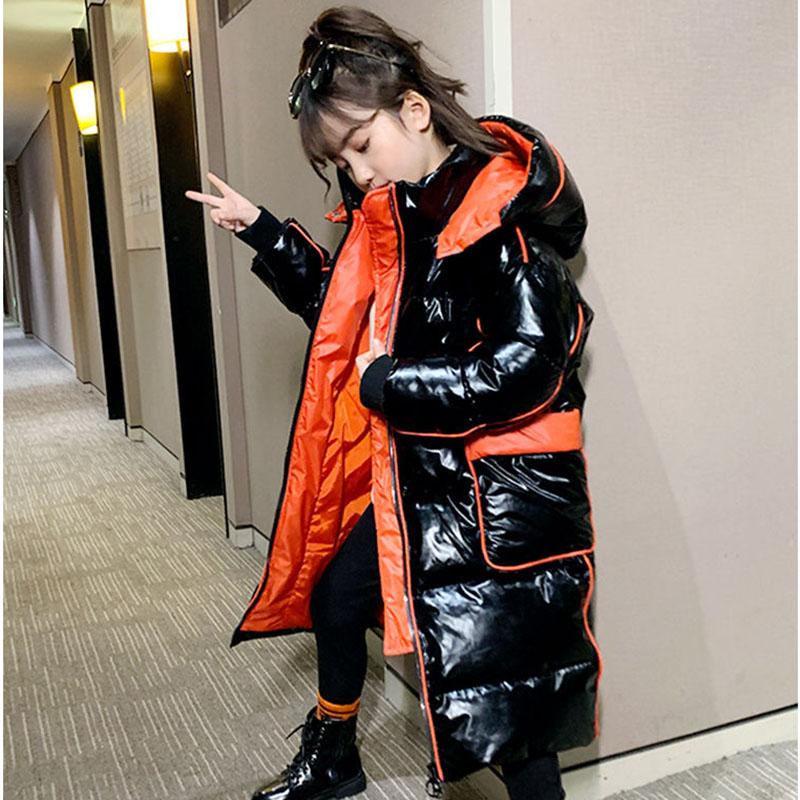 Girls' Warm Down Padded Jacket Winter Long Over The Knee Plush Thickened Shiny Cotton Coat