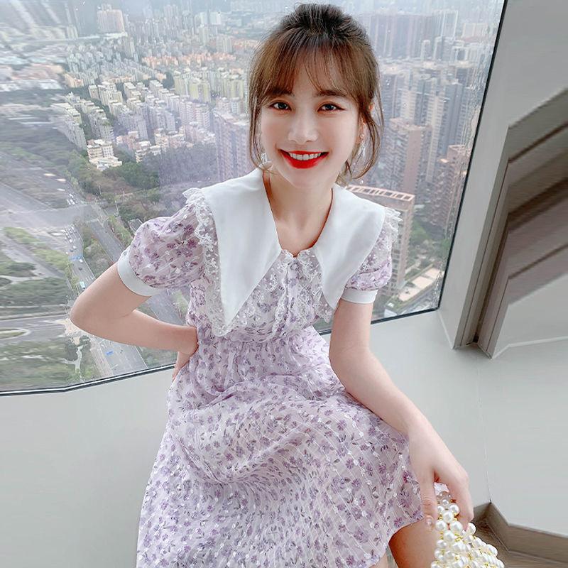 French Small Fresh and Age-reducing Floral Dress Summer Sweet Temperament Waist Waist Chiffon Dress Ladies A-line Skirt Waist Is Thin