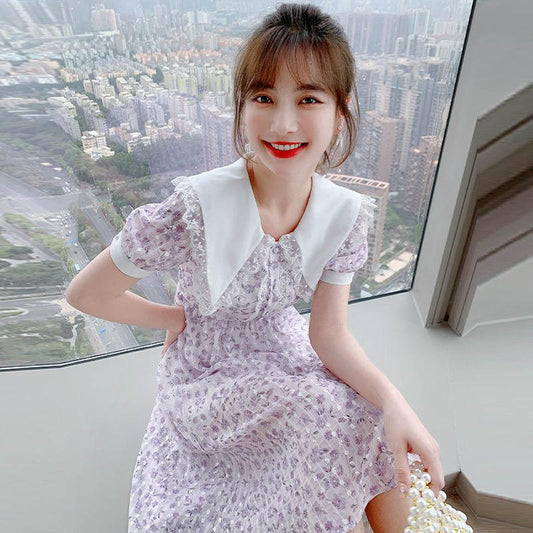 French Small Fresh and Age-reducing Floral Dress Summer Sweet Temperament Waist Waist Chiffon Dress Ladies A-line Skirt Waist Is Thin