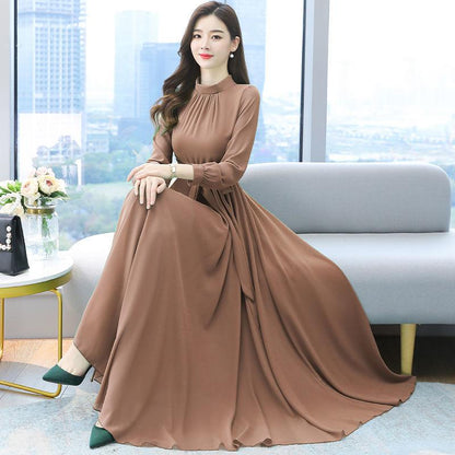 Chiffon Long-sleeved Dress Spring and Summer Plus Size Solid Color Fairy Temperament Over The Knee Beach Big Swing Long Skirt Women