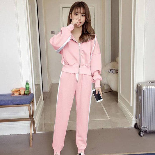 Women Spring Autumn Long Sleeve Slim Hooded Sweater Sportswear Loose Casual Pants Two Piece Set