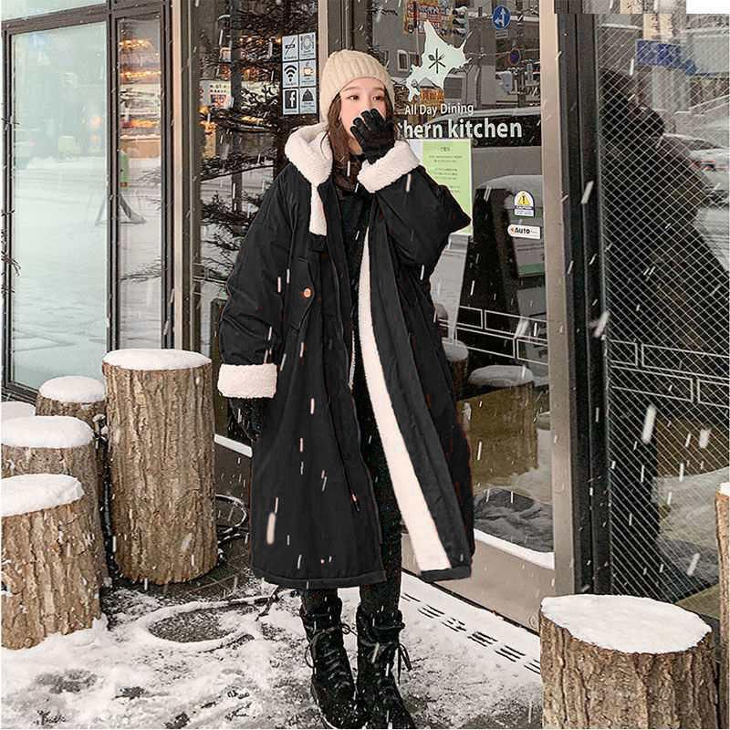 Lamb Wool Coat Women's Loose Mid-length Plus Velvet Parker Cotton Workwear Jacket Ladies Straight Warm Cotton Coat
