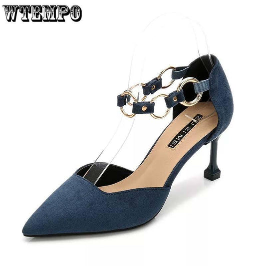 7cm Fashion European American Matte Leather Shallow Mouth Sandals Fashion Buckle Women's High Heels.
