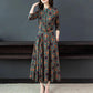 Printed Round Neck Spring Long Sleeve Dress Elastic Slim Fit Belly Long Skirt with Pocket Skirt Simple Comfortable Mid-Length A-Line Skirt