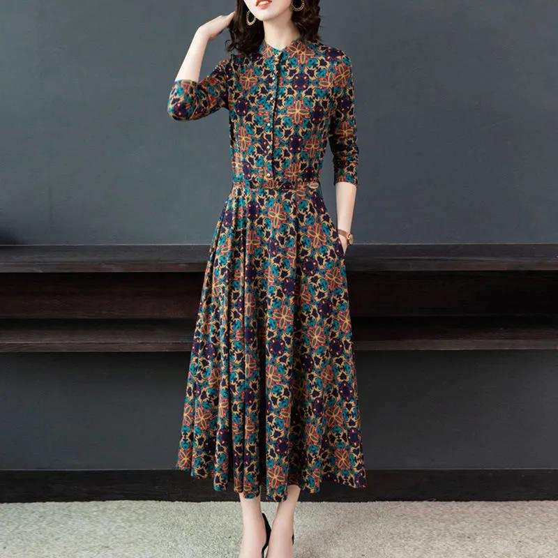 Printed Round Neck Spring Long Sleeve Dress Elastic Slim Fit Belly Long Skirt with Pocket Skirt Simple Comfortable Mid-Length A-Line Skirt