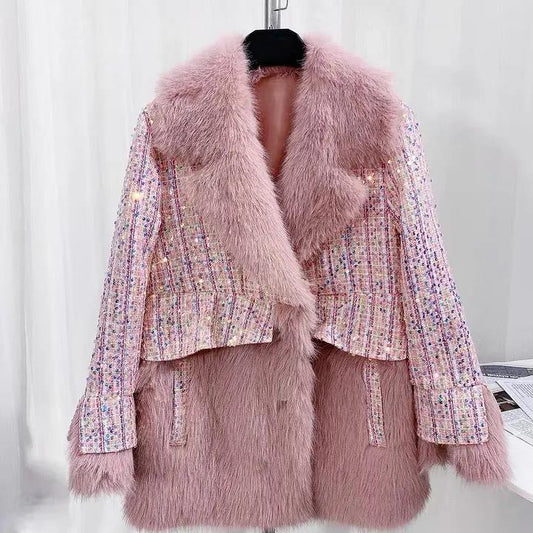 Women's Large Size Long Sleeve V-neck Fur Collar Jackets Female Loose Sequined Warm Coat Winter Thick Fur Coat