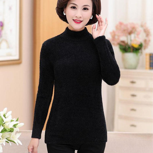 Autumn and Winter Loose Casual Sweater Embroidered Round Neck Simple Bottoming Shirt Middle-aged Women Sweater
