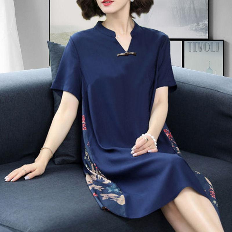 Summer Women's Dress Loose Large Size Retro Printed Skirt Simple Thin Short-sleeved V-neck Over-the-knee Skirt