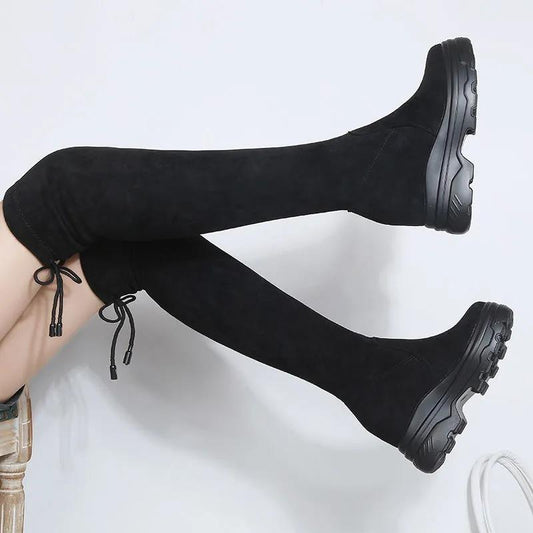 Suede Comfortable Boots Women's Inner Height Increase Over The Knee Boots Women's High-Tube Lace-up Plus Fleece Elastic Boots