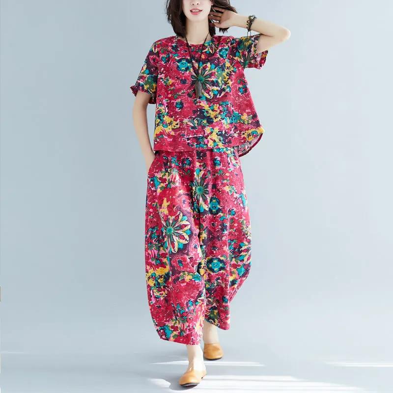 Cotton Summer Ethnic Style Printed Short-sleeved Suit Fashion Loose Harem Pants Plus Size Two-piece Women