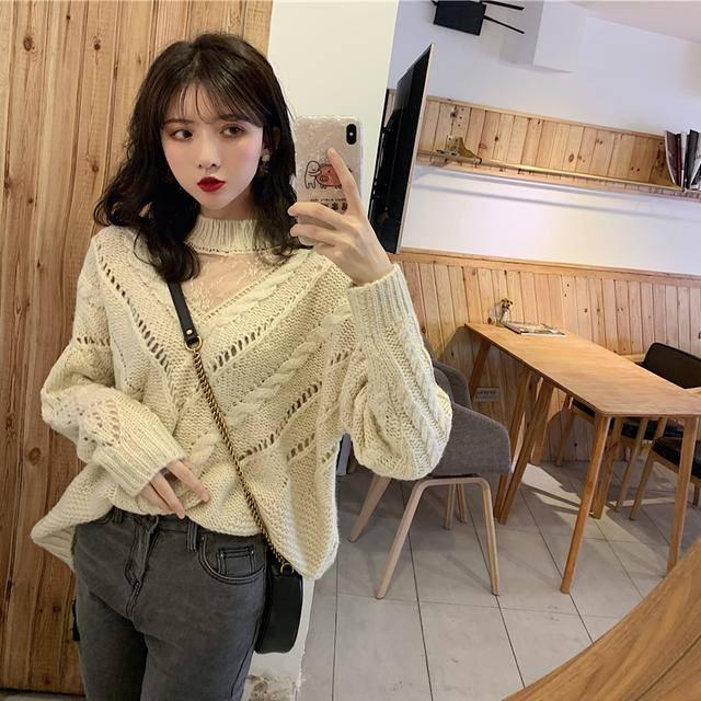 Pofulove Girly Princess Lace Yarn Spliced Neck  Knitwear Skin-friendly Loose Women Pullover Sweater