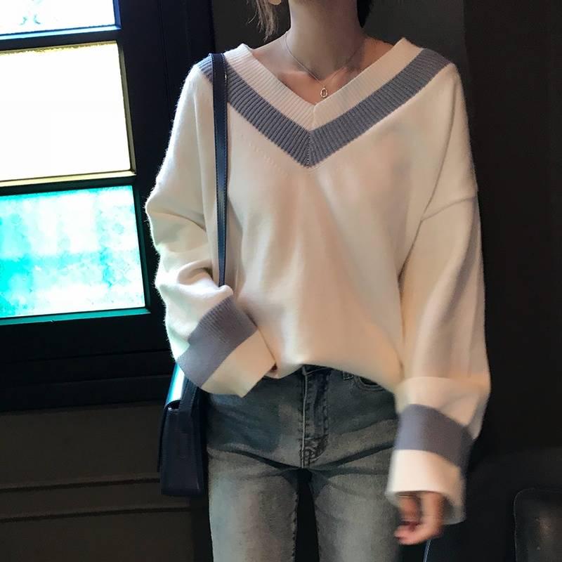 Pofulove V-neck Sweater Women Korean Loose Lazy College Style Pullover Knit Top Autumn Winter