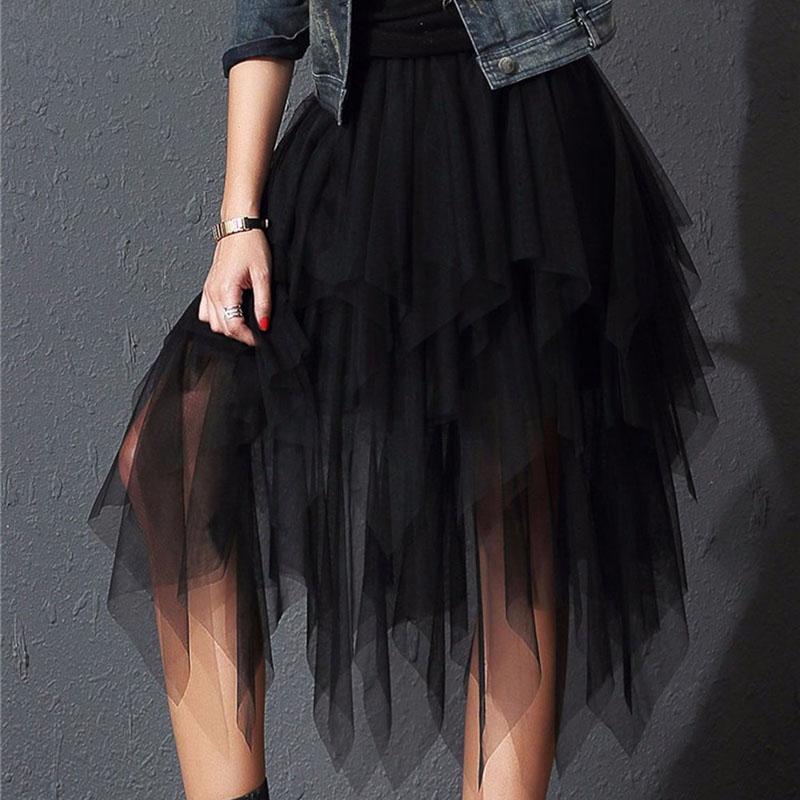 Y2k Skirt Skirts Womens Summer Black Pleated Skirt Solid Color Elastic High Waist A-line Skirts Irregular Mid-length Mesh Skirt