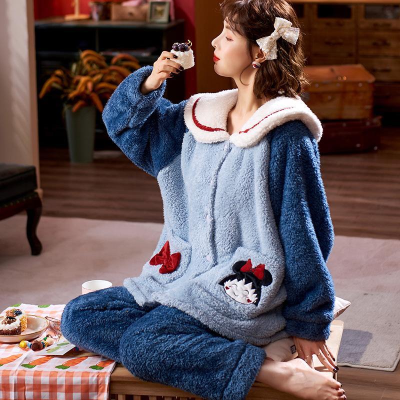 Ladies Cartoon Pajamas Autumn and Winter Coral Velvet Thickening Plus Velvet Pajamas Winter Warm Flannel Long-sleeved Plus Size Home Service