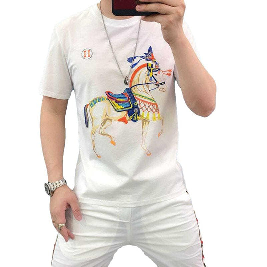 Short-sleeved T-shirt Men's Tide Brand Men's Round Neck Printing Color Horse Trend Ins Style Slim Short Sleeve