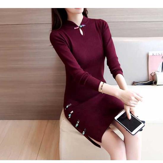 Winter China Tradition Sexy Slim Bodycon Knit Skirt Traditional Buckle Bottom Sweater Dress