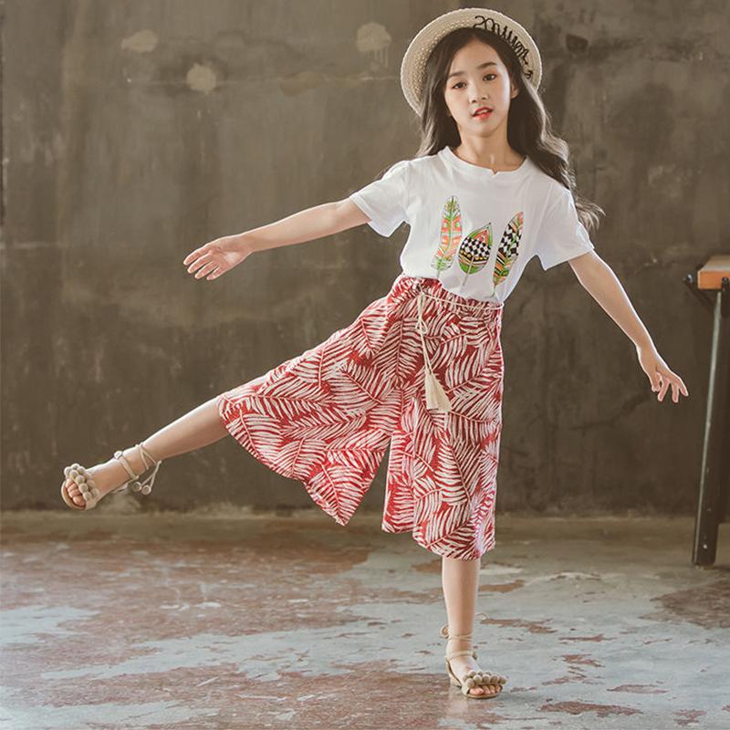 Girls' Summer Fashionable Suits Big Kids Children's Clothes Western Style Wide-leg Pants Printed Two-piece Suit