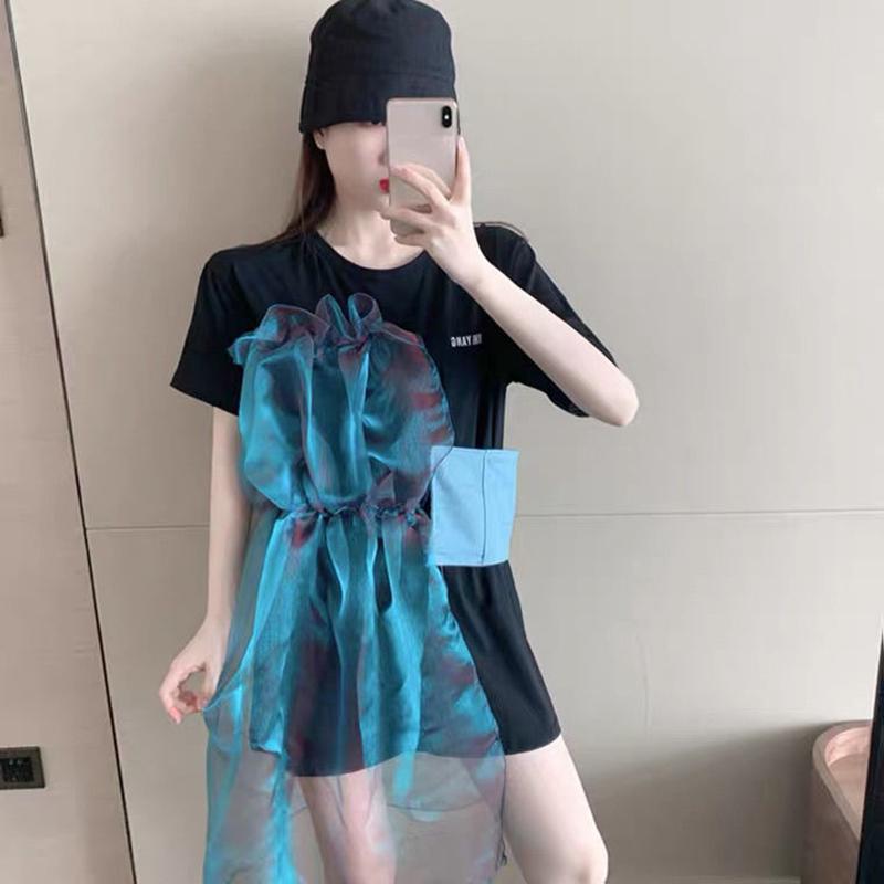 Design Sense Summer Organza Fold Irregular Denim Mesh Stitching Cotton Short-sleeved T-shirt Women